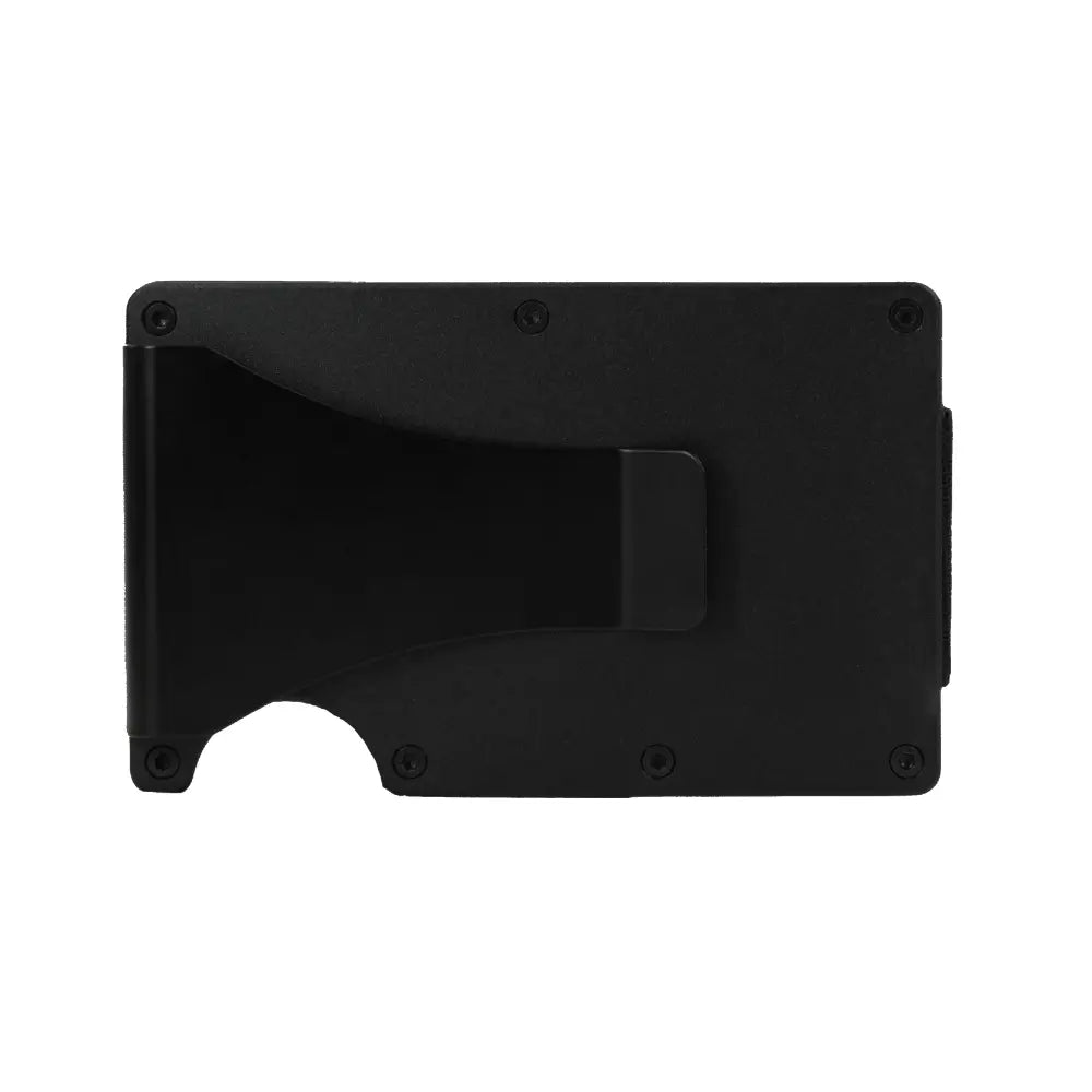 Ferro money clip accessory clipped onto RFID blocking metal wallet for holding cash and cards.