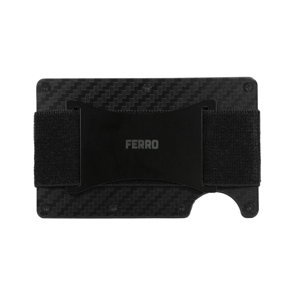 Ferro cash strap securely attached to RFID blocking metal wallet, holding cash and cards.