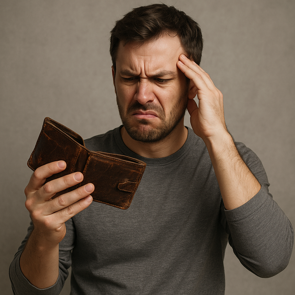 Man holding a bulky, ugly, and worn-out traditional wallet - highlighting the frustrations of outdated wallets