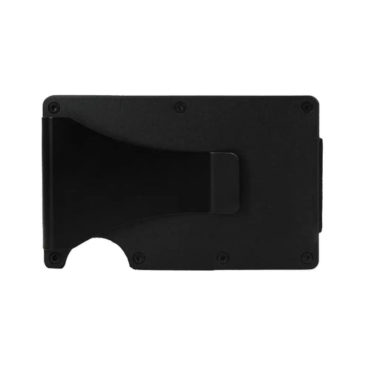 Ferro money clip accessory clipped onto RFID blocking metal wallet for holding cash and cards.